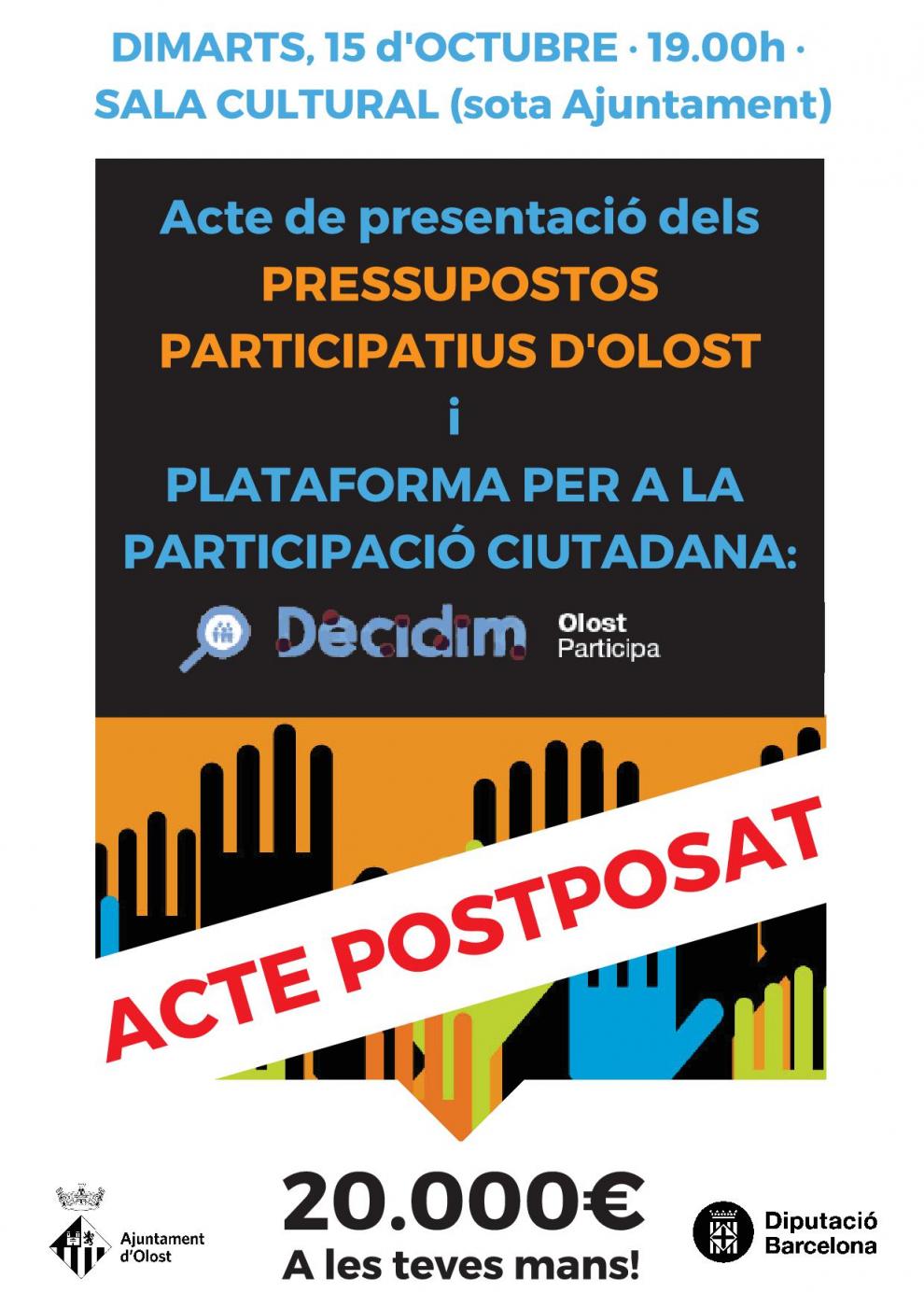 Es posposa l'acte de presentació dels Pressupostos participatius d'Olost
